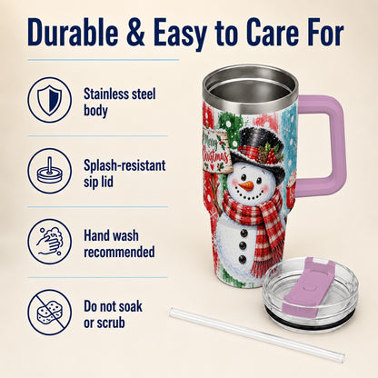 #pl[40oz|Pink] Christmas Snowman 40oz Tumbler with Handle, Holiday Travel Cup