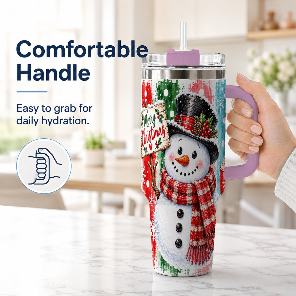 #pl[40oz|Pink] Christmas Snowman 40oz Tumbler with Handle, Holiday Travel Cup