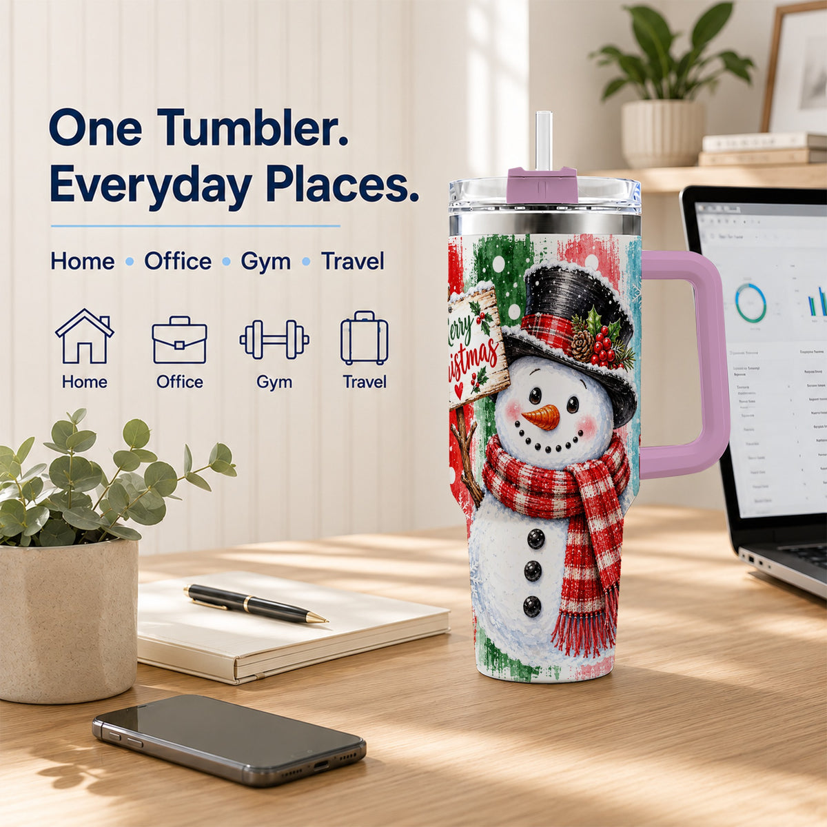 #pl[40oz|Pink] Christmas Snowman 40oz Tumbler with Handle, Holiday Travel Cup
