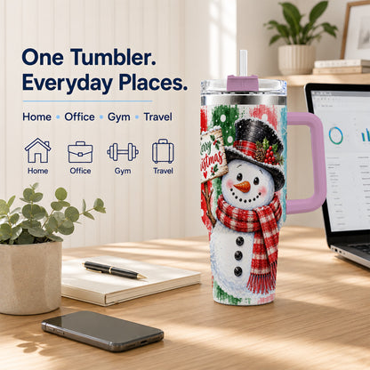 #pl[40oz|Pink] Christmas Snowman 40oz Tumbler with Handle, Holiday Travel Cup