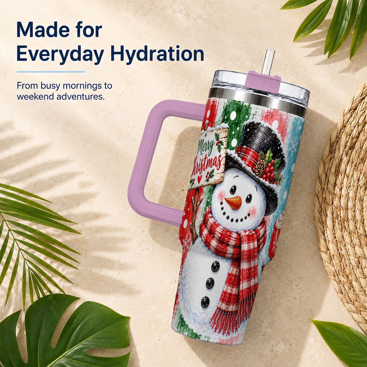 #pl[40oz|Pink] Christmas Snowman 40oz Tumbler with Handle, Holiday Travel Cup