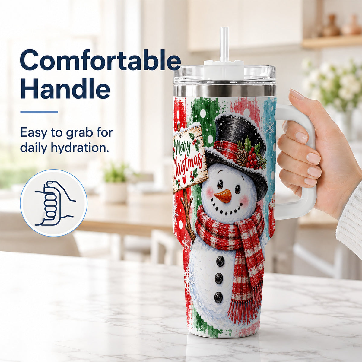 #pl[40oz|White] Christmas Snowman 40oz Tumbler with Handle, Holiday Travel Cup