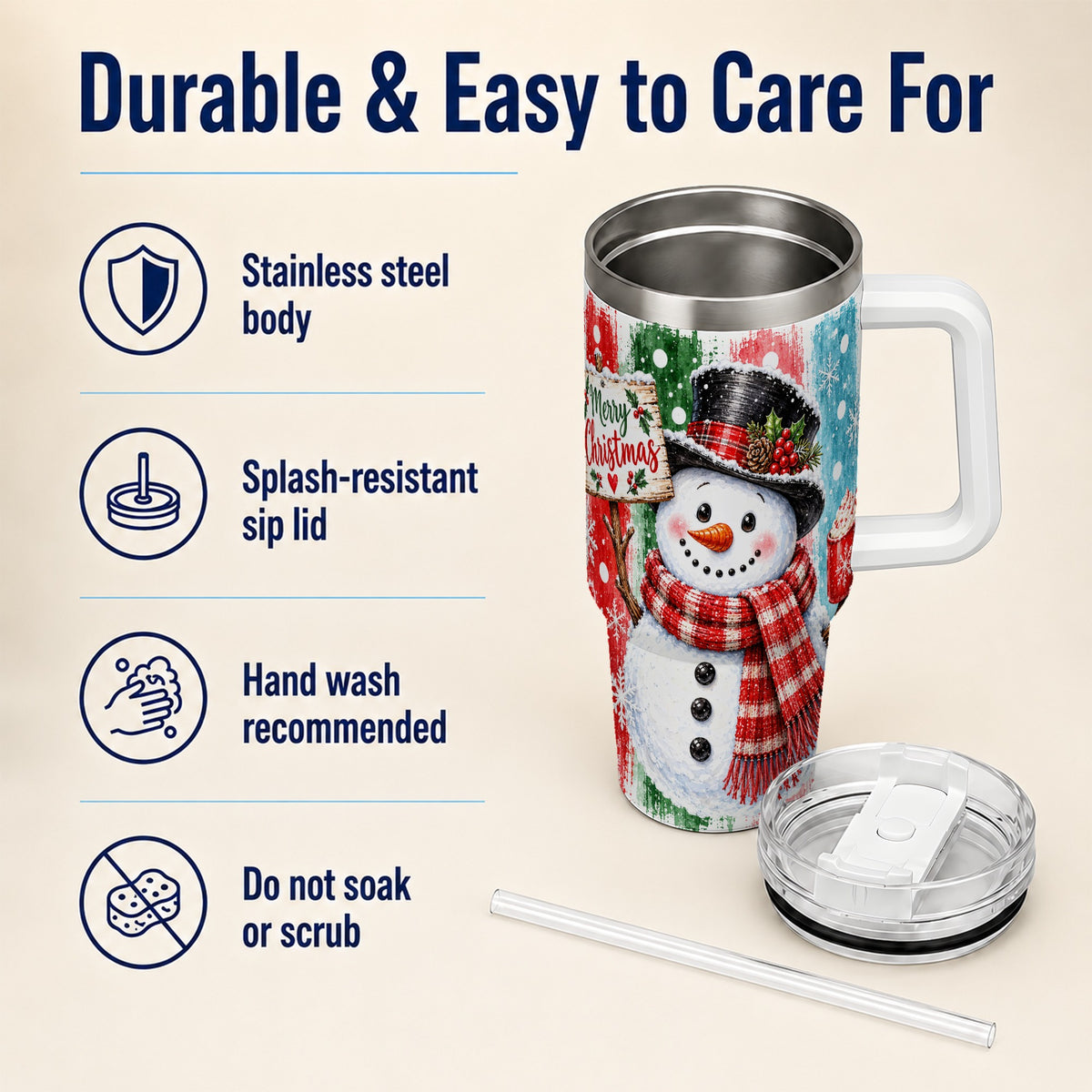 #pl[40oz|White] Christmas Snowman 40oz Tumbler with Handle, Holiday Travel Cup