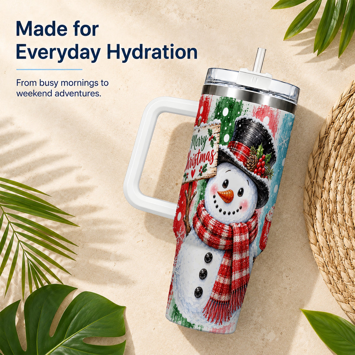 #pl[40oz|White] Christmas Snowman 40oz Tumbler with Handle, Holiday Travel Cup