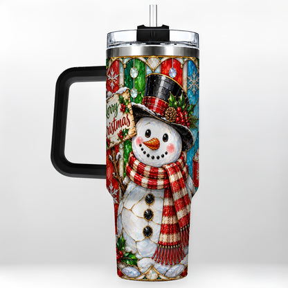 #pl[40oz|Black] Snowman 40oz Tumbler with Handle, Stained Glass Style Travel Cup