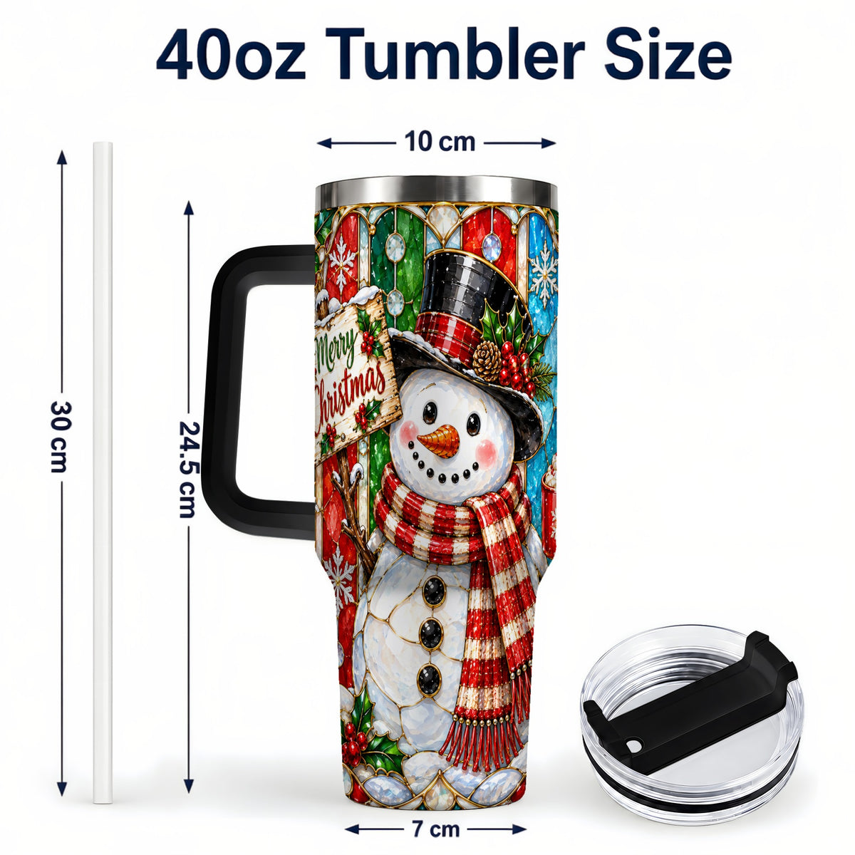 #pl[40oz|Black] Snowman 40oz Tumbler with Handle, Stained Glass Style Travel Cup