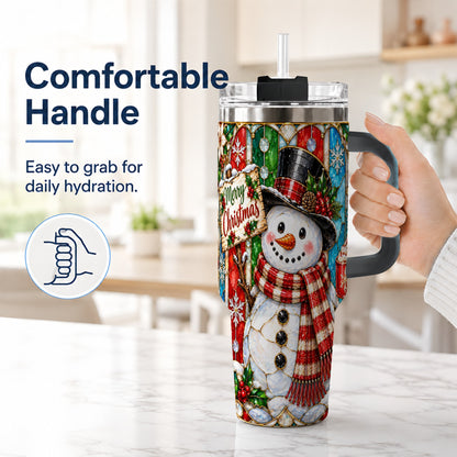 #pl[40oz|Black] Snowman 40oz Tumbler with Handle, Stained Glass Style Travel Cup