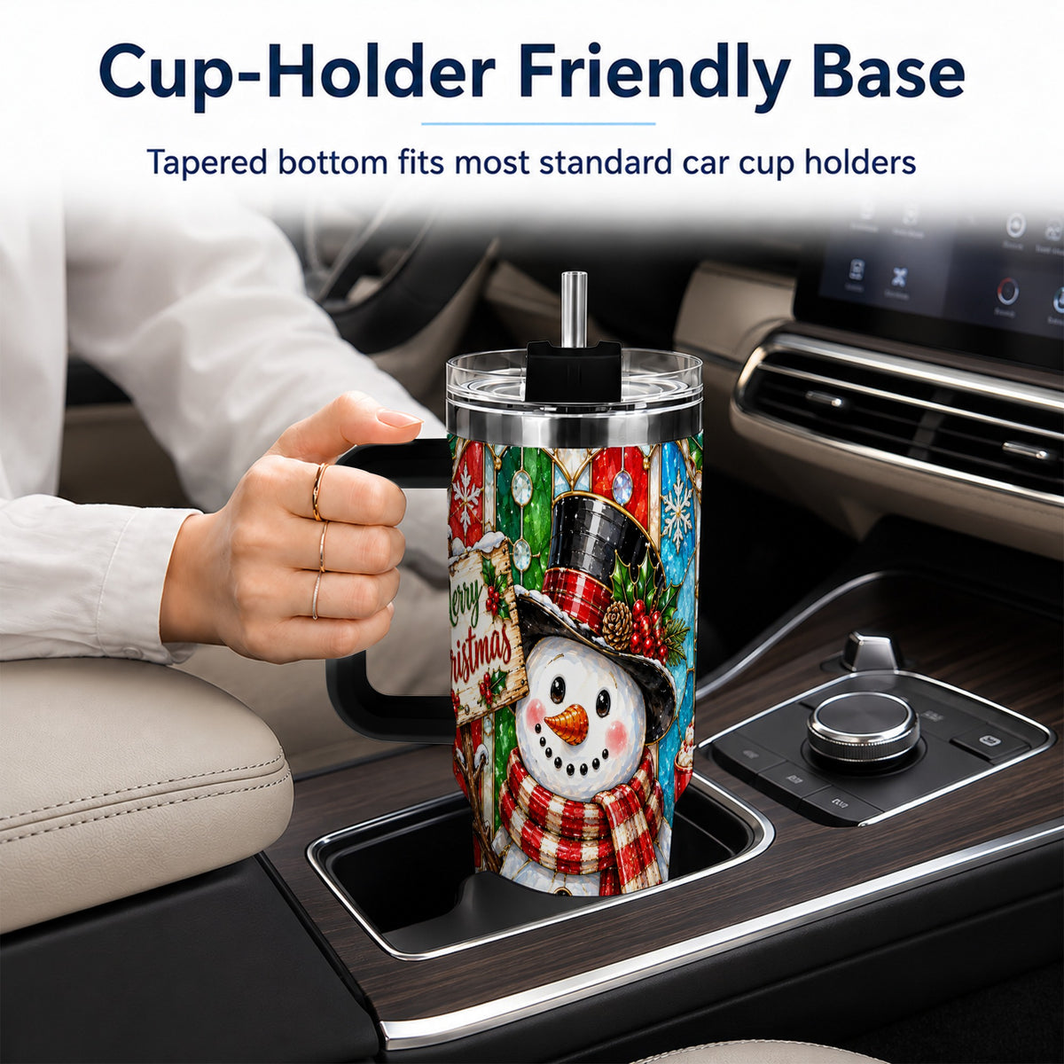 #pl[40oz|Black] Snowman 40oz Tumbler with Handle, Stained Glass Style Travel Cup