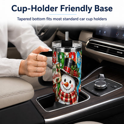#pl[40oz|Black] Snowman 40oz Tumbler with Handle, Stained Glass Style Travel Cup