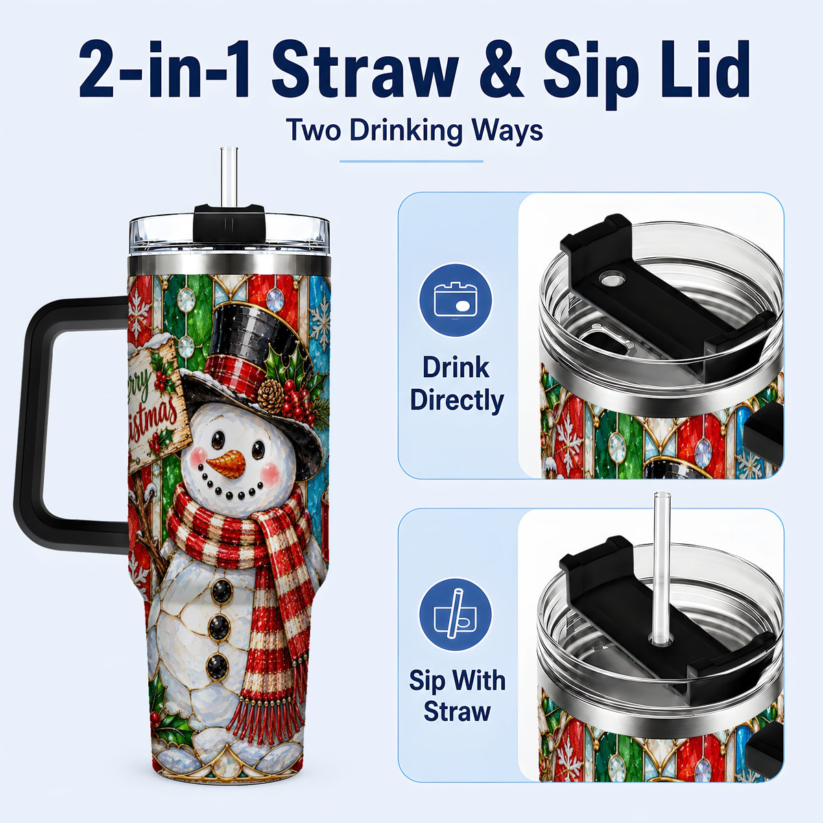 #pl[40oz|Black] Snowman 40oz Tumbler with Handle, Stained Glass Style Travel Cup