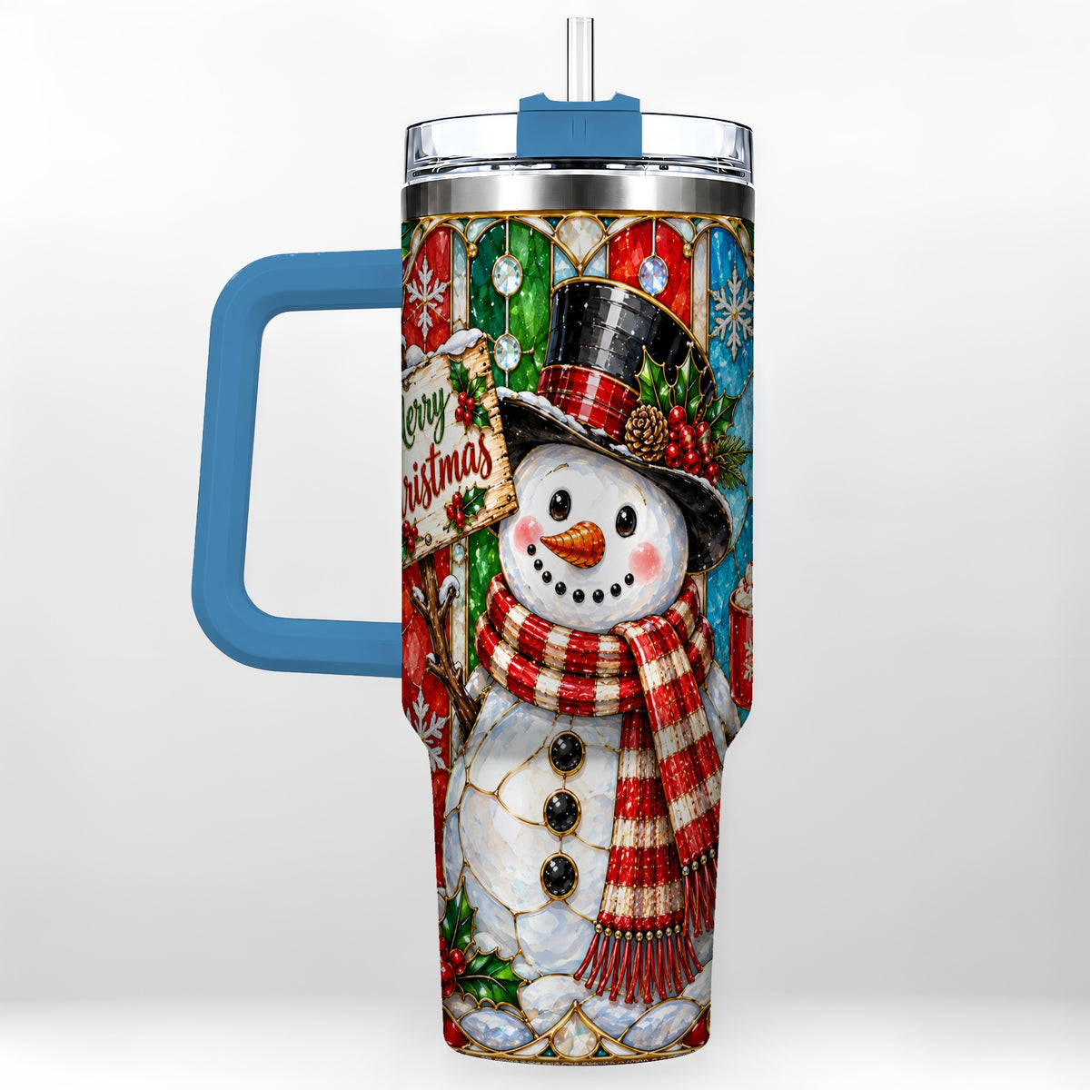 #pl[40oz|Blue] Snowman 40oz Tumbler with Handle, Stained Glass Style Travel Cup