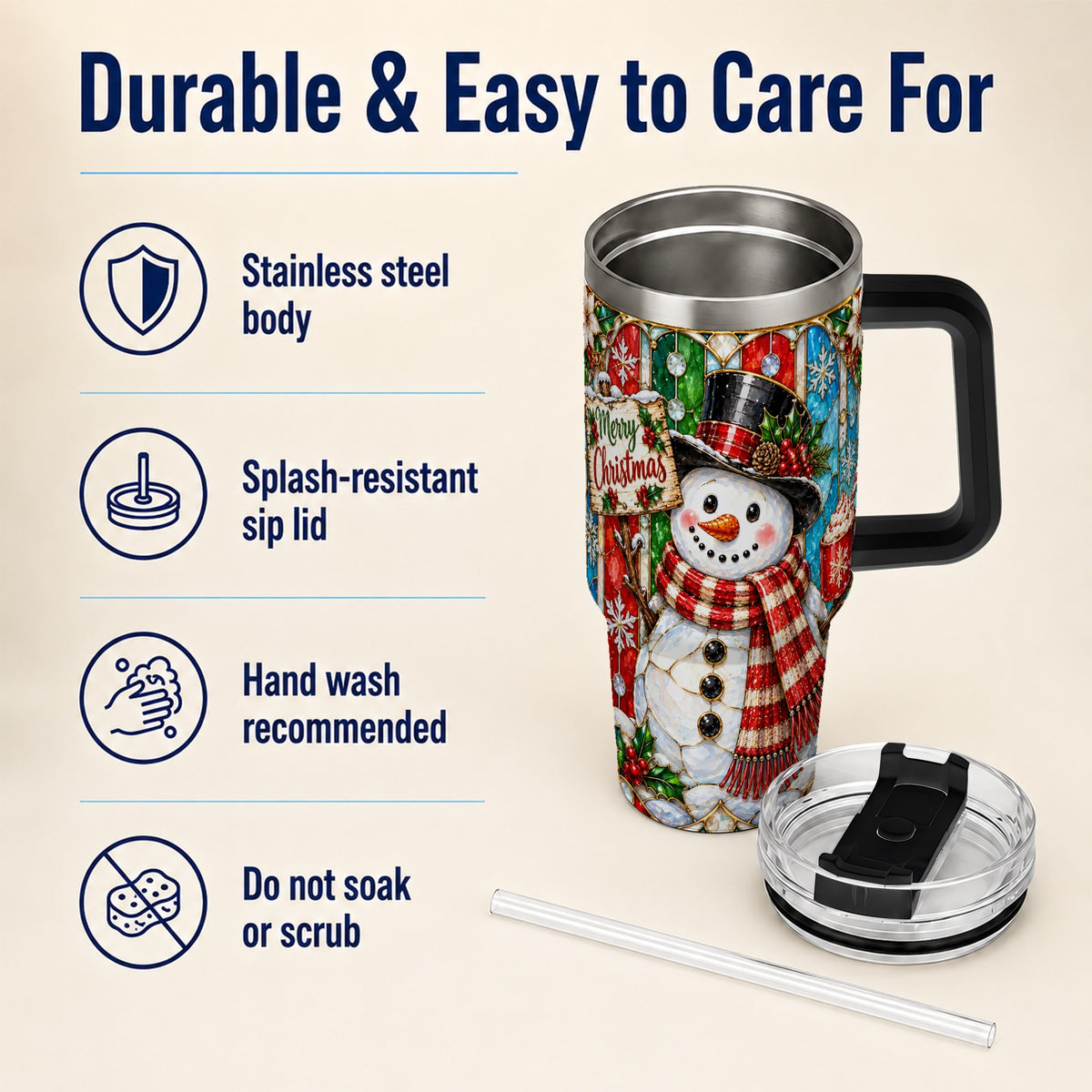 #pl[40oz|Black] Snowman 40oz Tumbler with Handle, Stained Glass Style Travel Cup