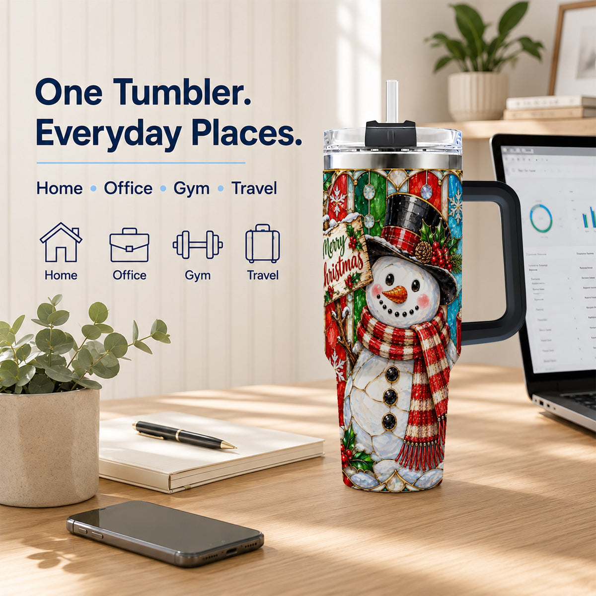 #pl[40oz|Black] Snowman 40oz Tumbler with Handle, Stained Glass Style Travel Cup