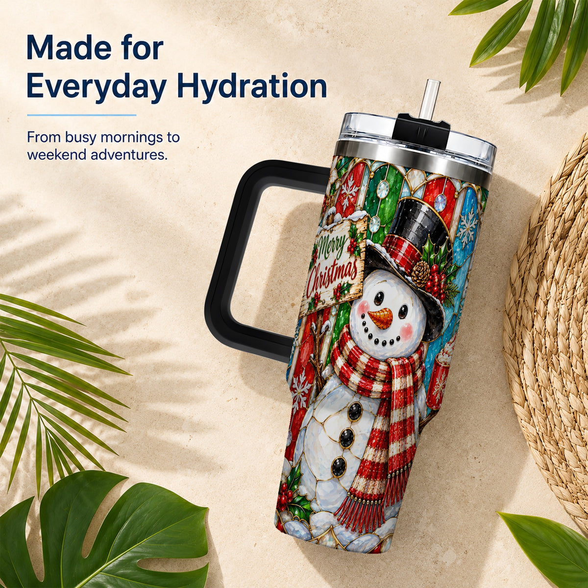 #pl[40oz|Black] Snowman 40oz Tumbler with Handle, Stained Glass Style Travel Cup