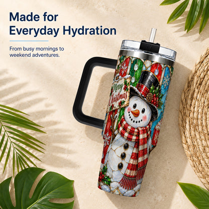 #pl[40oz|Black] Snowman 40oz Tumbler with Handle, Stained Glass Style Travel Cup