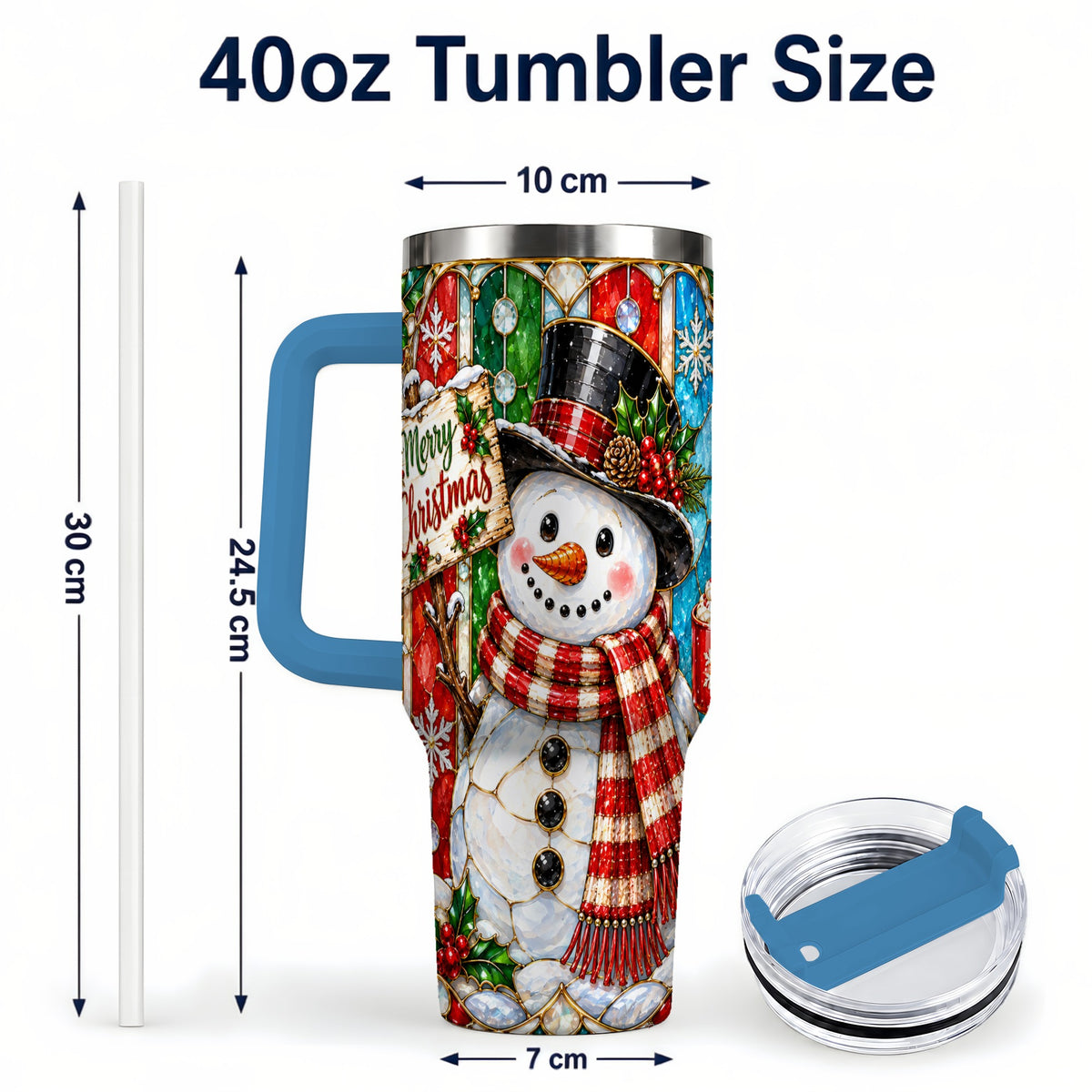 #pl[40oz|Blue] Snowman 40oz Tumbler with Handle, Stained Glass Style Travel Cup