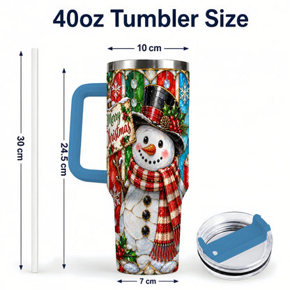 #pl[40oz|Blue] Snowman 40oz Tumbler with Handle, Stained Glass Style Travel Cup