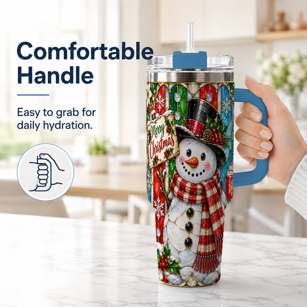 #pl[40oz|Blue] Snowman 40oz Tumbler with Handle, Stained Glass Style Travel Cup