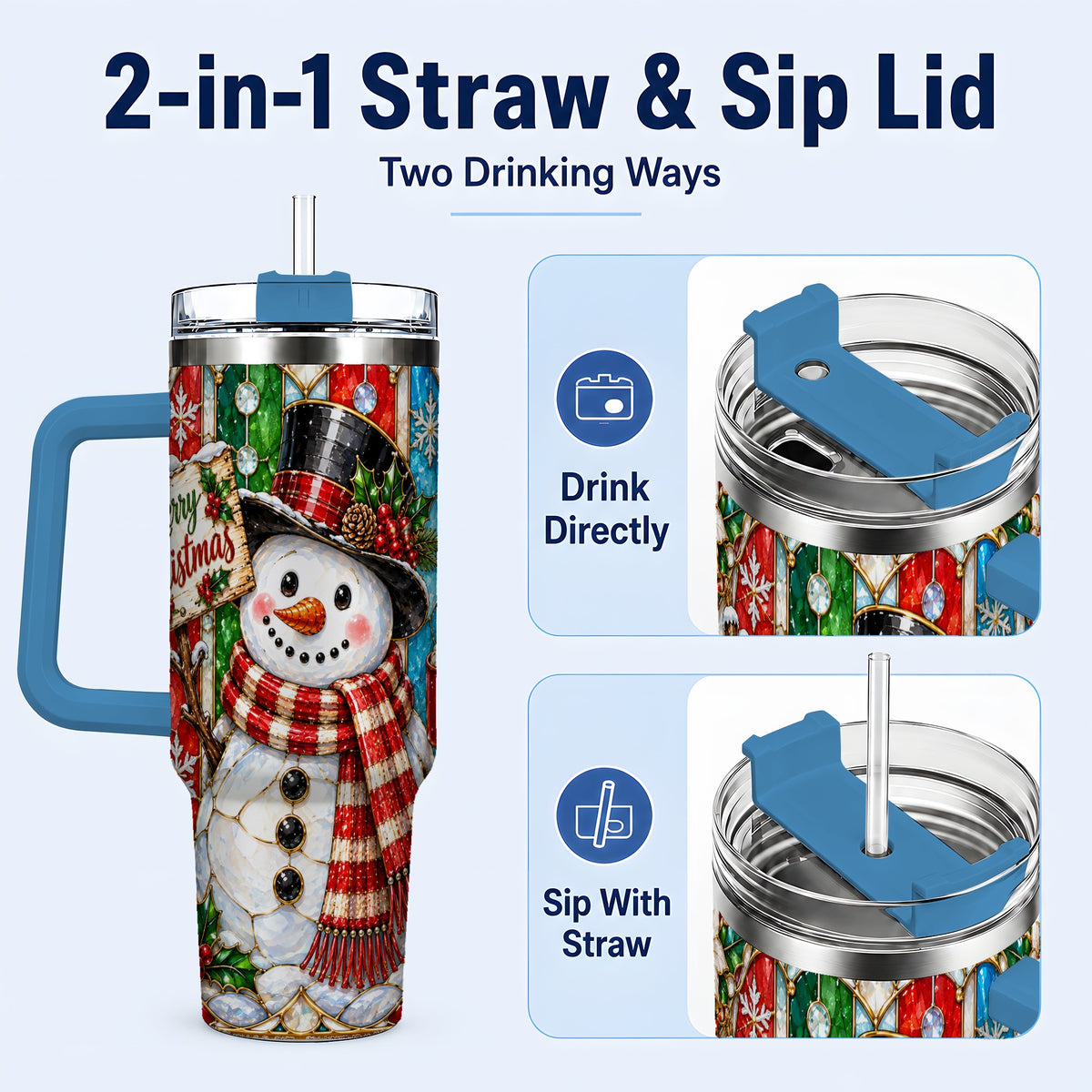 #pl[40oz|Blue] Snowman 40oz Tumbler with Handle, Stained Glass Style Travel Cup
