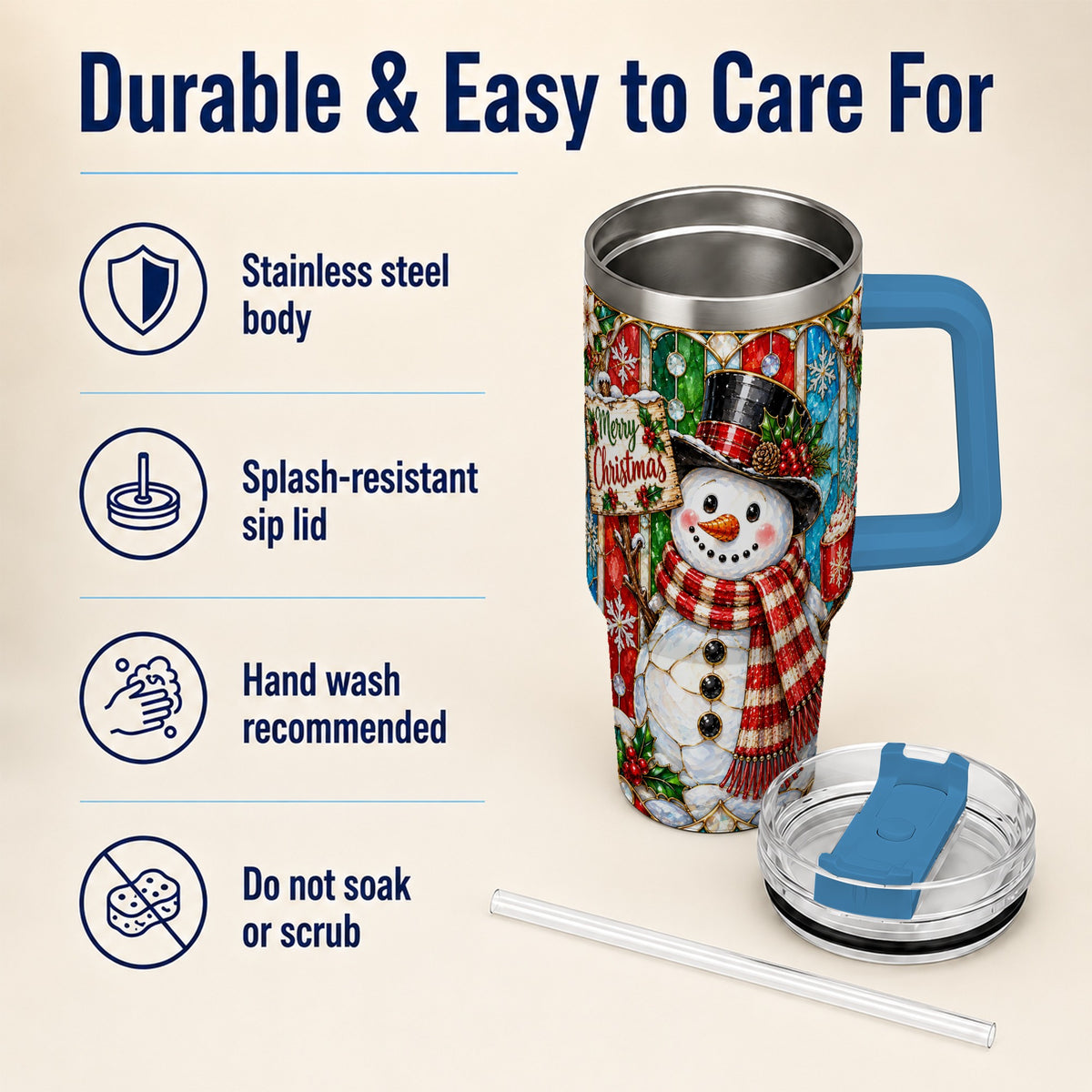 #pl[40oz|Blue] Snowman 40oz Tumbler with Handle, Stained Glass Style Travel Cup
