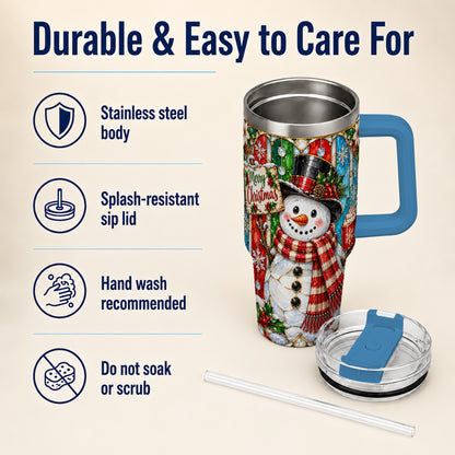 #pl[40oz|Blue] Snowman 40oz Tumbler with Handle, Stained Glass Style Travel Cup