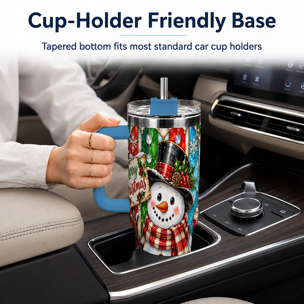 #pl[40oz|Blue] Snowman 40oz Tumbler with Handle, Stained Glass Style Travel Cup