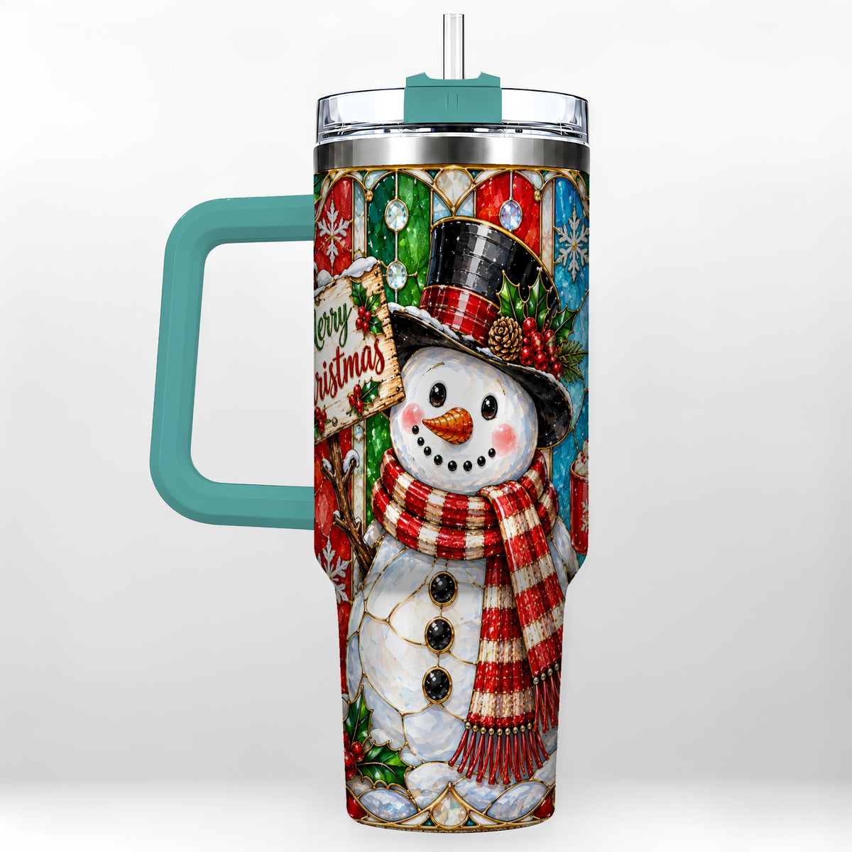 #pl[40oz|Green] Snowman 40oz Tumbler with Handle, Stained Glass Style Travel Cup