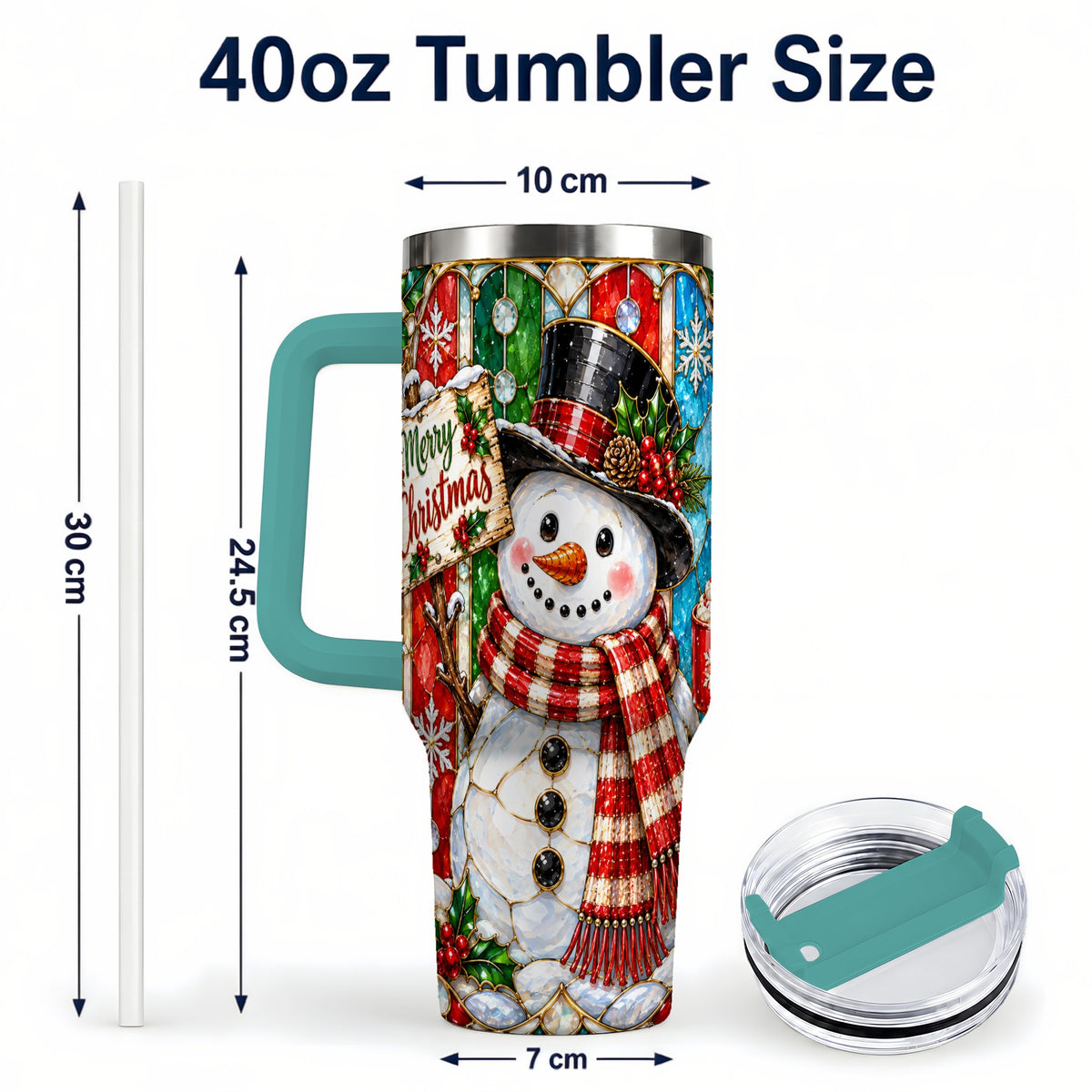 #pl[40oz|Green] Snowman 40oz Tumbler with Handle, Stained Glass Style Travel Cup