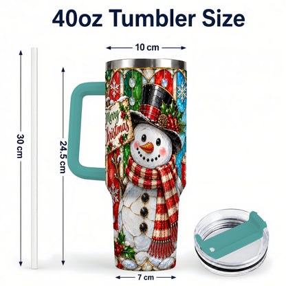 #pl[40oz|Green] Snowman 40oz Tumbler with Handle, Stained Glass Style Travel Cup