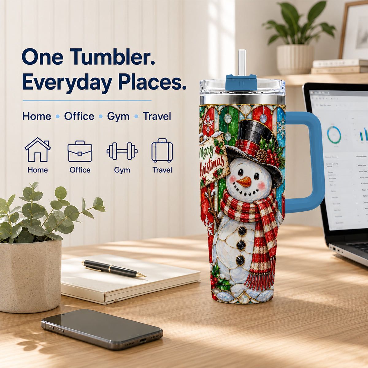 #pl[40oz|Blue] Snowman 40oz Tumbler with Handle, Stained Glass Style Travel Cup