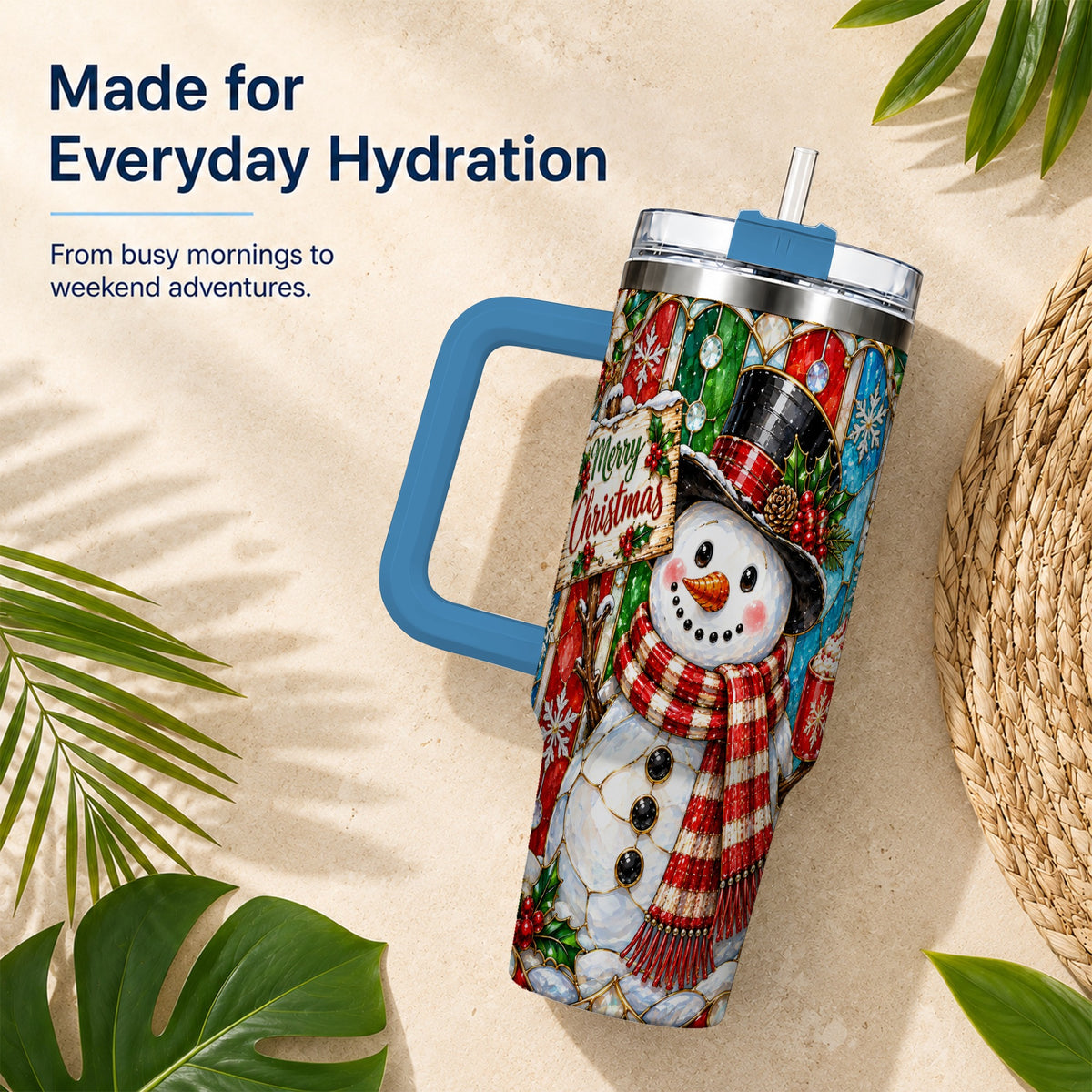 #pl[40oz|Blue] Snowman 40oz Tumbler with Handle, Stained Glass Style Travel Cup