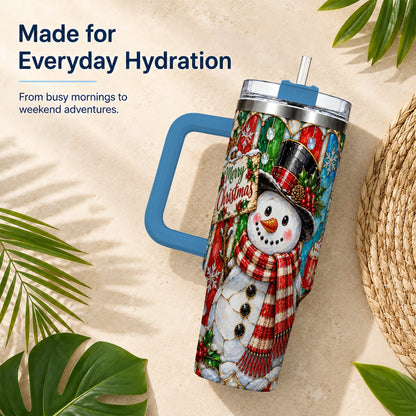 #pl[40oz|Blue] Snowman 40oz Tumbler with Handle, Stained Glass Style Travel Cup