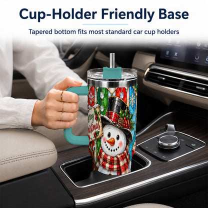 #pl[40oz|Green] Snowman 40oz Tumbler with Handle, Stained Glass Style Travel Cup