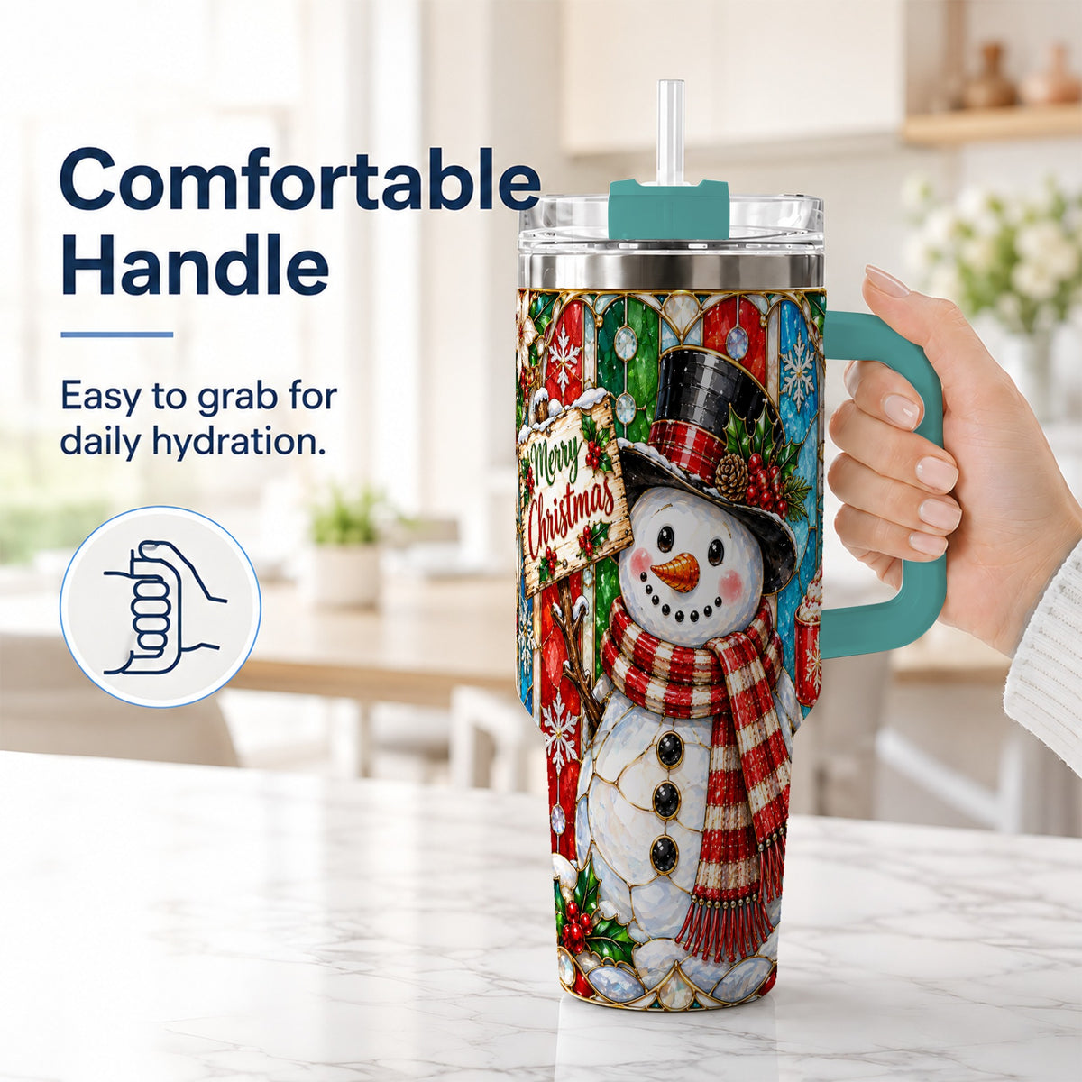 #pl[40oz|Green] Snowman 40oz Tumbler with Handle, Stained Glass Style Travel Cup