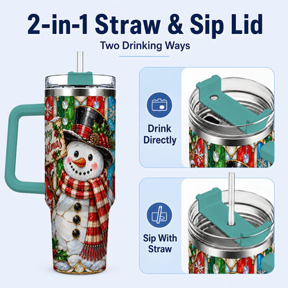 #pl[40oz|Green] Snowman 40oz Tumbler with Handle, Stained Glass Style Travel Cup