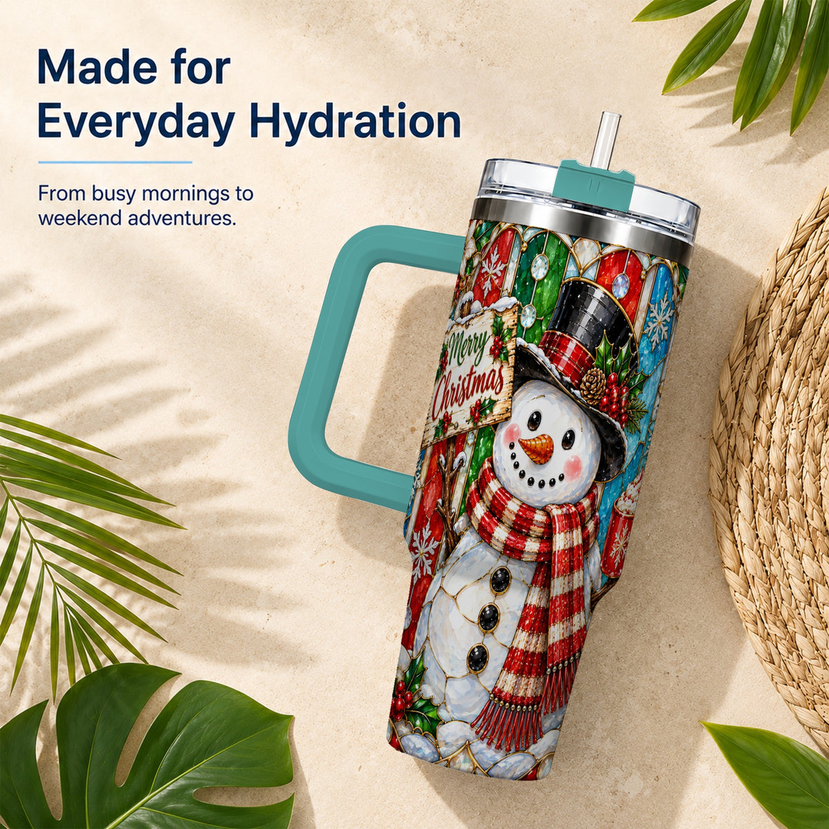 #pl[40oz|Green] Snowman 40oz Tumbler with Handle, Stained Glass Style Travel Cup