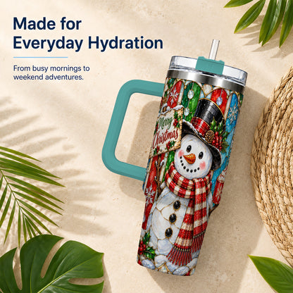 #pl[40oz|Green] Snowman 40oz Tumbler with Handle, Stained Glass Style Travel Cup