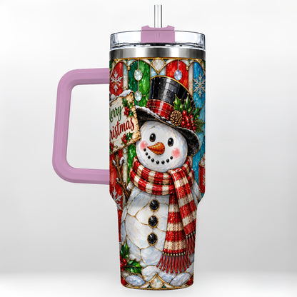 #pl[40oz|Pink] Snowman 40oz Tumbler with Handle, Stained Glass Style Travel Cup