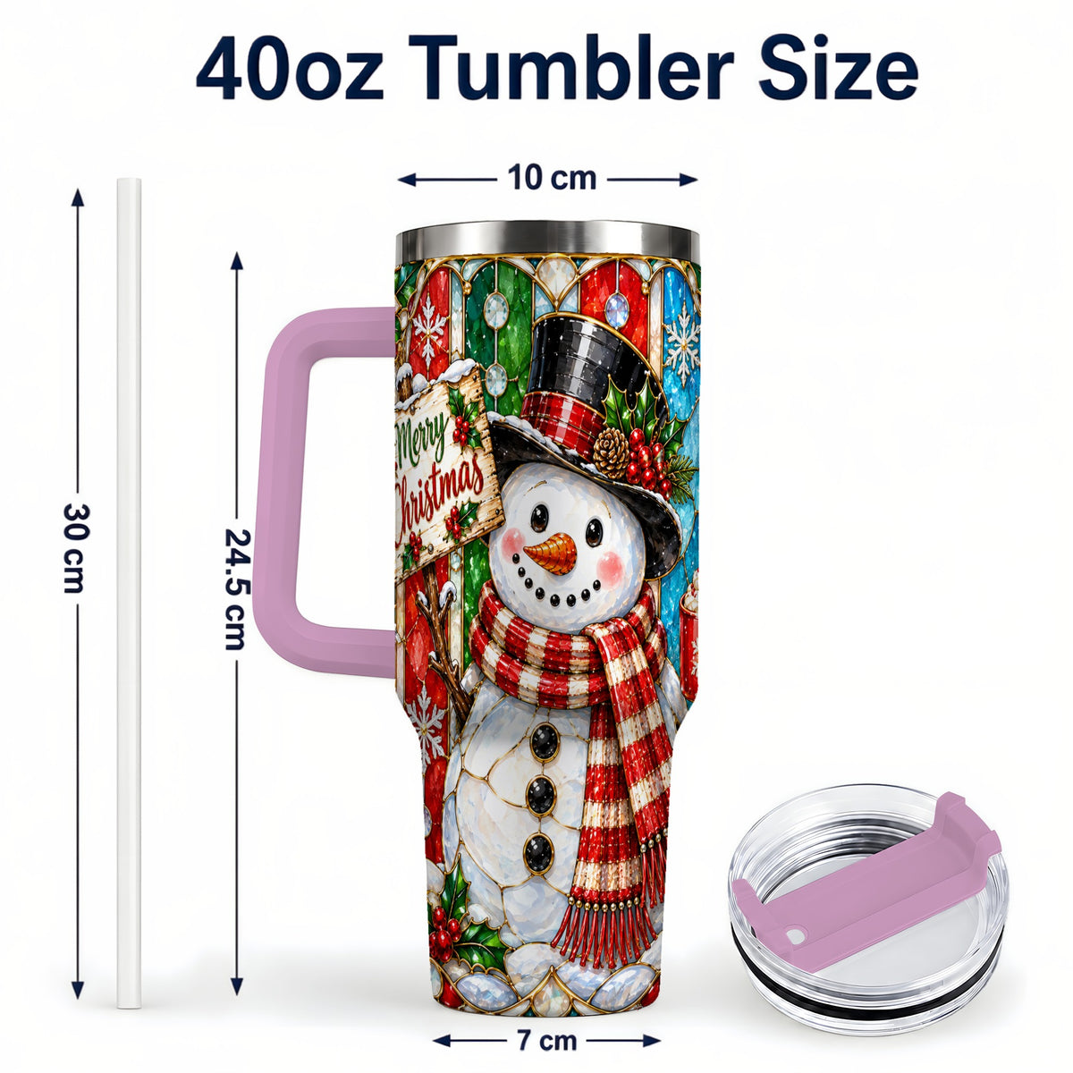 #pl[40oz|Pink] Snowman 40oz Tumbler with Handle, Stained Glass Style Travel Cup