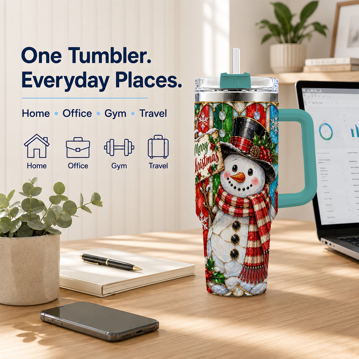 #pl[40oz|Green] Snowman 40oz Tumbler with Handle, Stained Glass Style Travel Cup