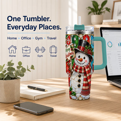 #pl[40oz|Green] Snowman 40oz Tumbler with Handle, Stained Glass Style Travel Cup