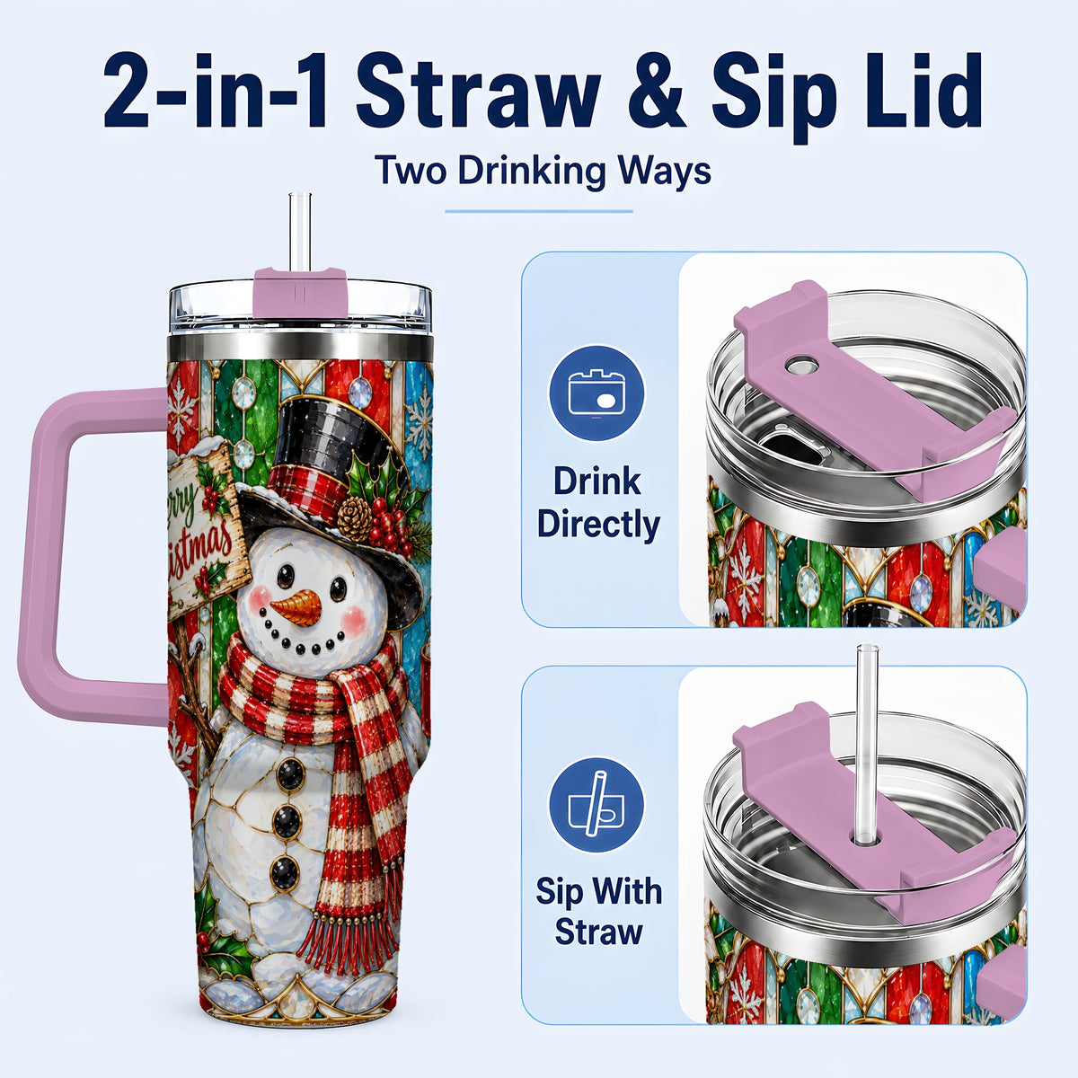 #pl[40oz|Pink] Snowman 40oz Tumbler with Handle, Stained Glass Style Travel Cup