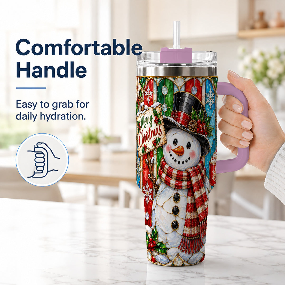 #pl[40oz|Pink] Snowman 40oz Tumbler with Handle, Stained Glass Style Travel Cup
