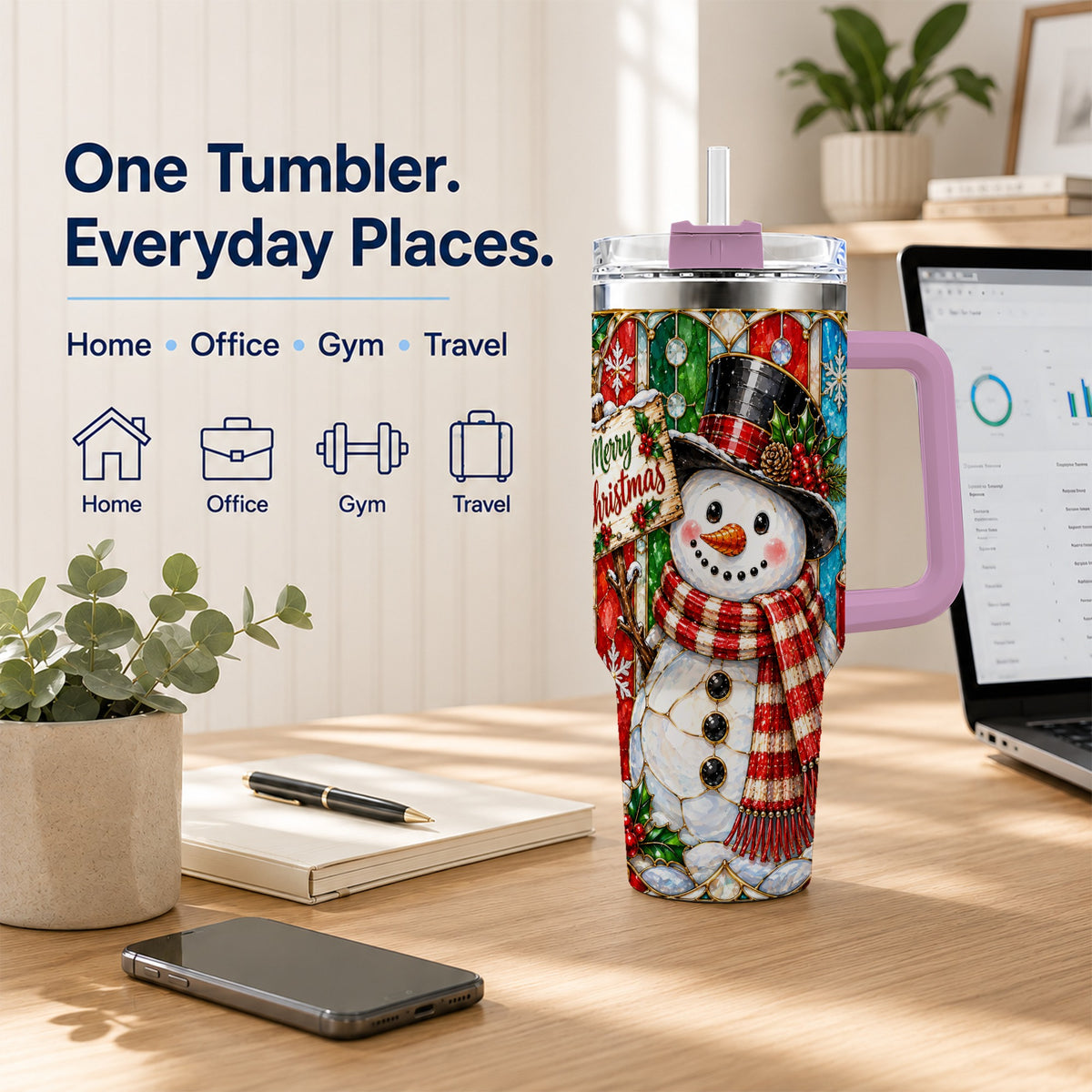 #pl[40oz|Pink] Snowman 40oz Tumbler with Handle, Stained Glass Style Travel Cup