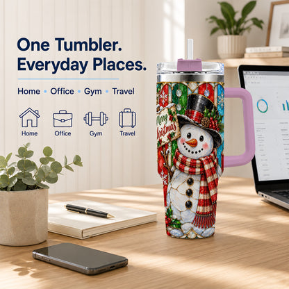 #pl[40oz|Pink] Snowman 40oz Tumbler with Handle, Stained Glass Style Travel Cup