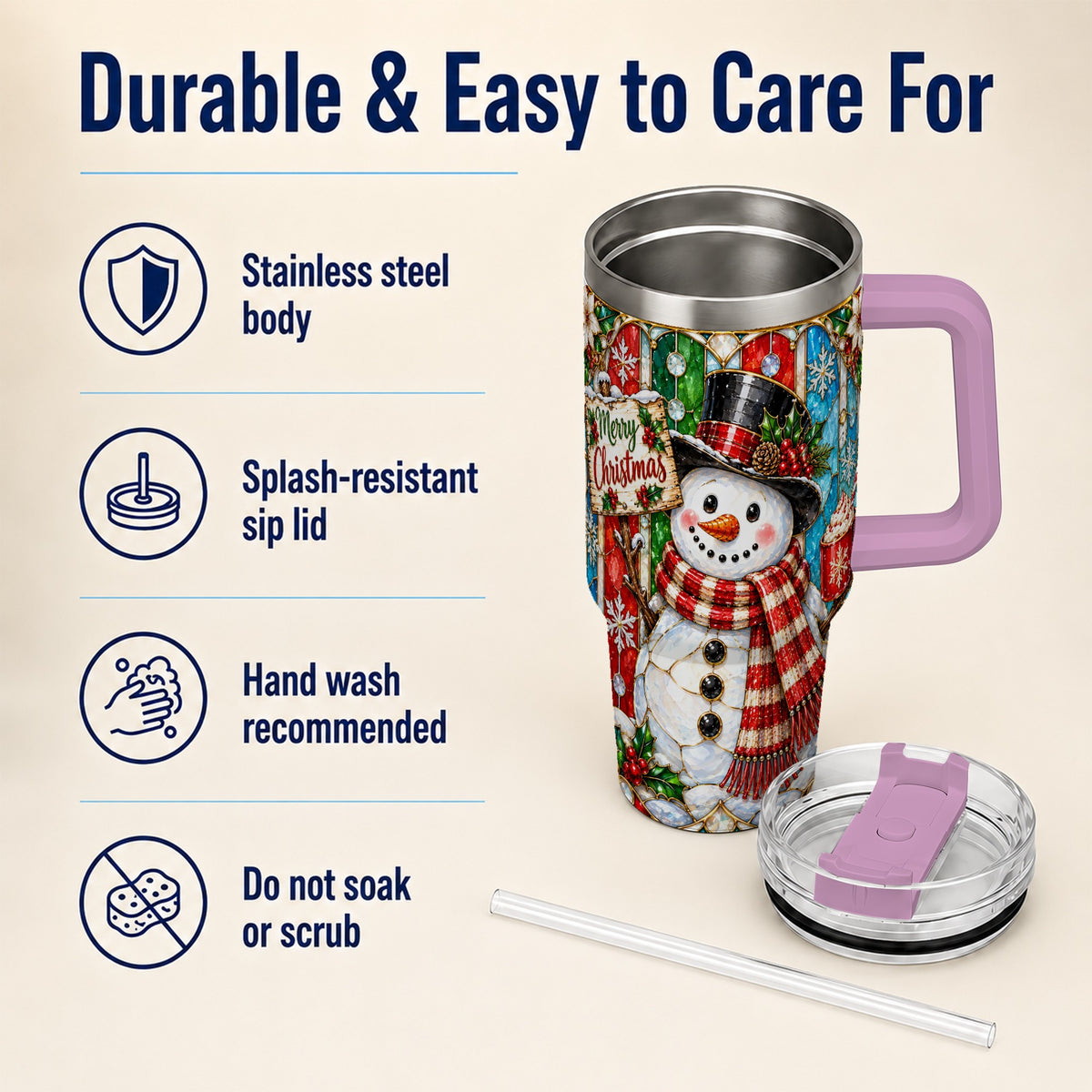 #pl[40oz|Pink] Snowman 40oz Tumbler with Handle, Stained Glass Style Travel Cup