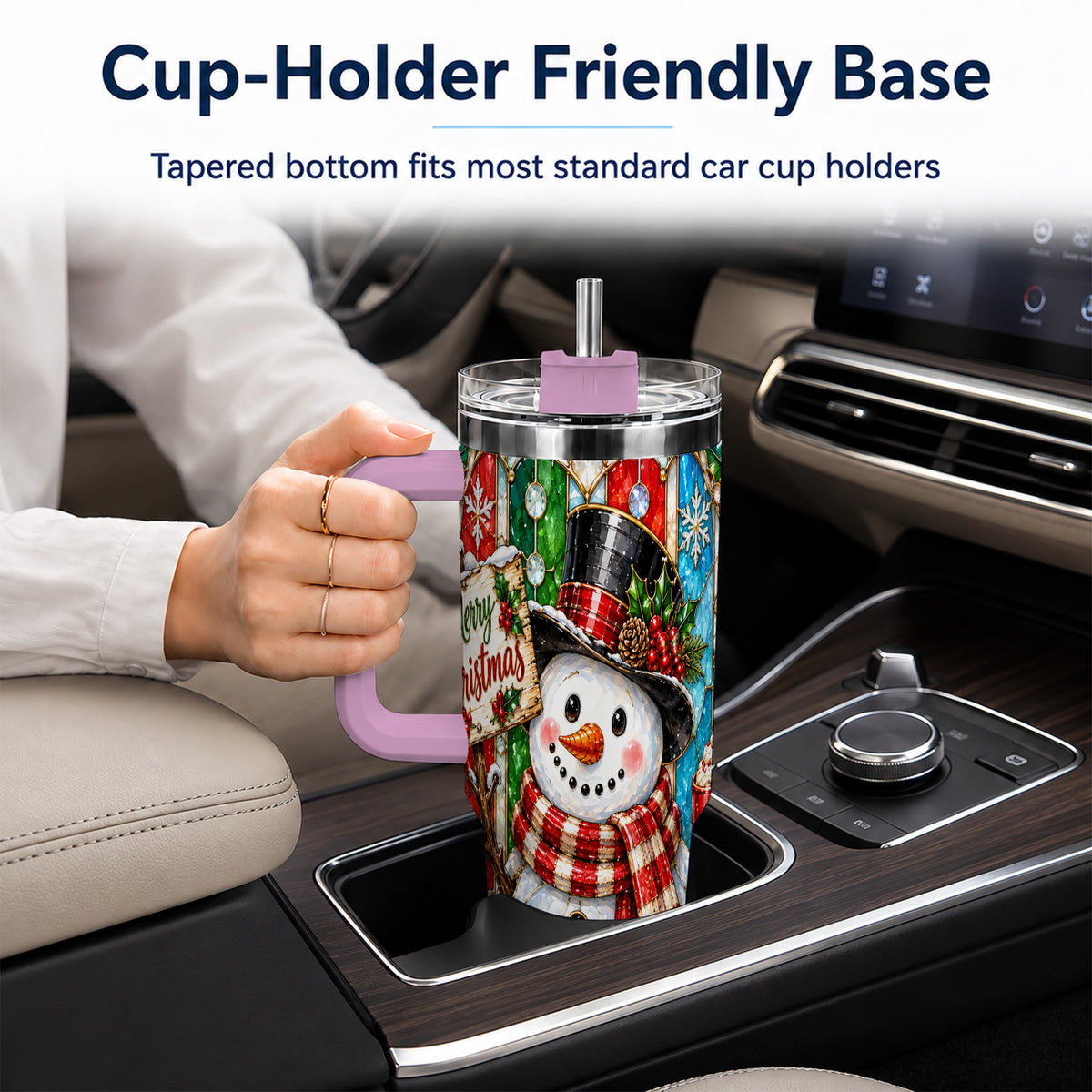 #pl[40oz|Pink] Snowman 40oz Tumbler with Handle, Stained Glass Style Travel Cup