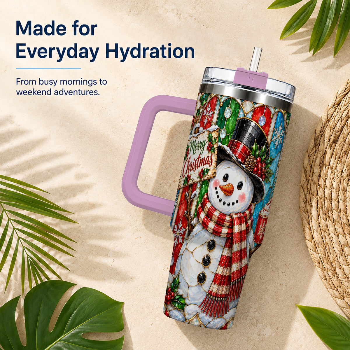 #pl[40oz|Pink] Snowman 40oz Tumbler with Handle, Stained Glass Style Travel Cup