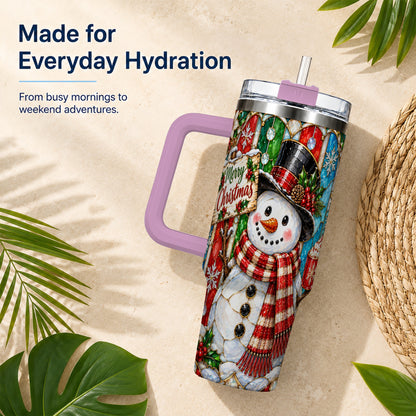 #pl[40oz|Pink] Snowman 40oz Tumbler with Handle, Stained Glass Style Travel Cup