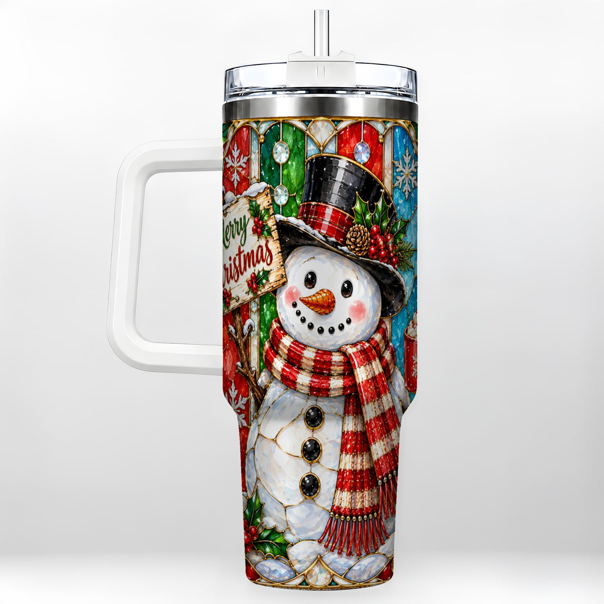 Snowman 40oz Tumbler with Handle, Stained Glass Style Travel Cup